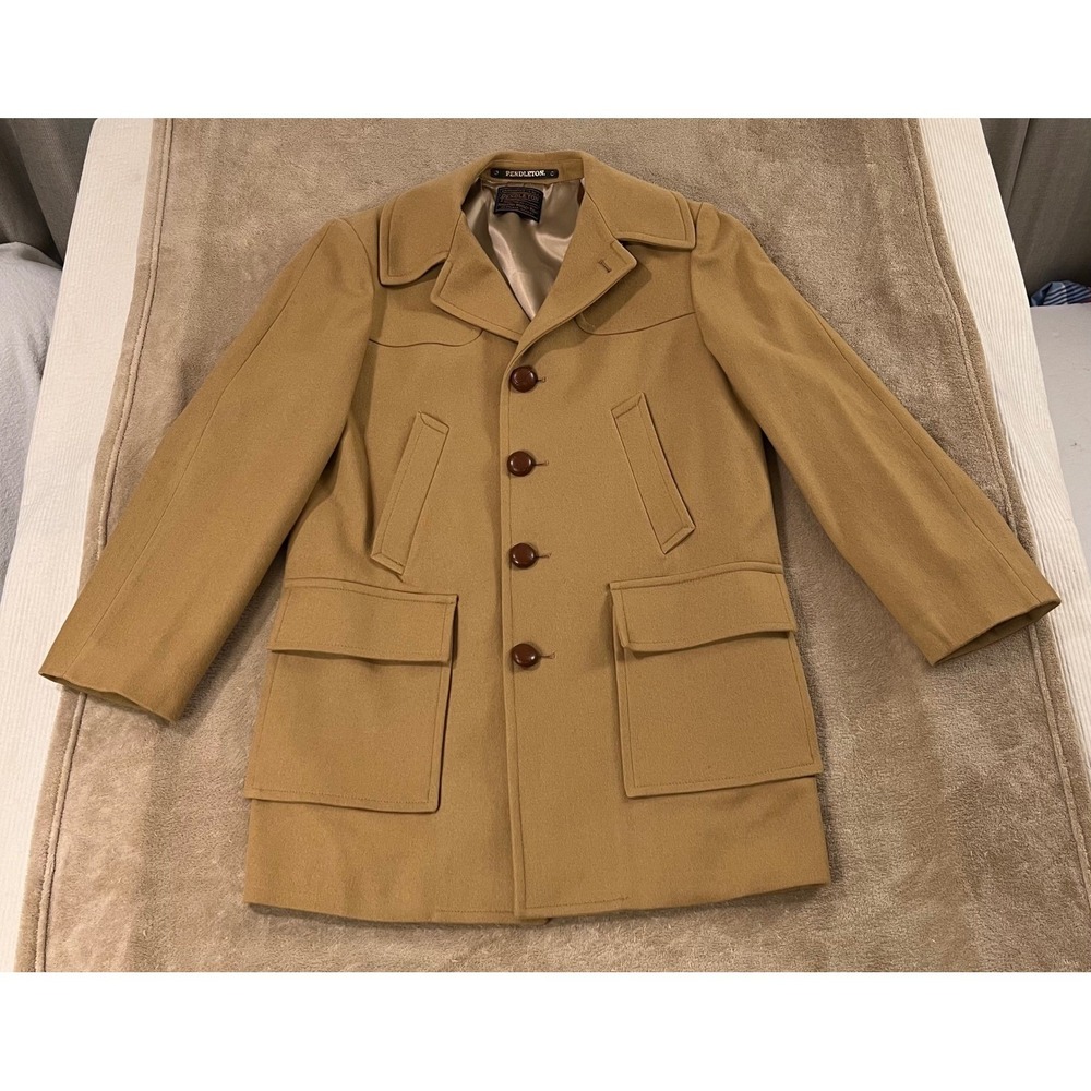Vintage Pendleton Woolen Mills Tan Cream‎ Wool Coat Jacket Men-no size tag-EUC